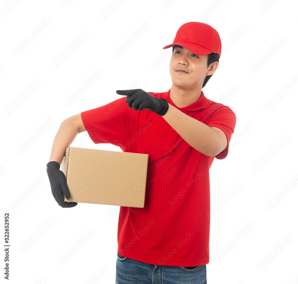 Asian delivery man with his boxes, Png file.