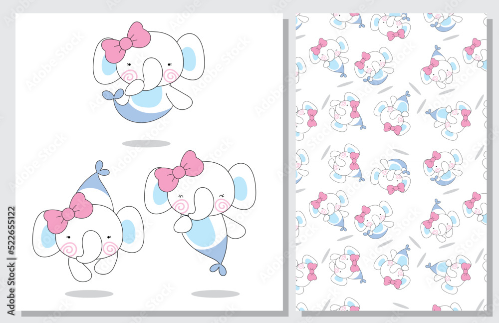 Flat cute set mermaid elephant illustration with seamless pattern
