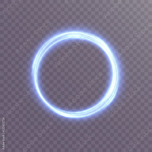 Blue neon glowing ring. Bright glowing neon frame made of bright glowing rays. Vector PNG