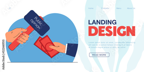 Hands holding money and hammer with public opinion inscription. Person giving bribe to society flat vector illustration. Corruption, finances concept for banner, website design or landing web page