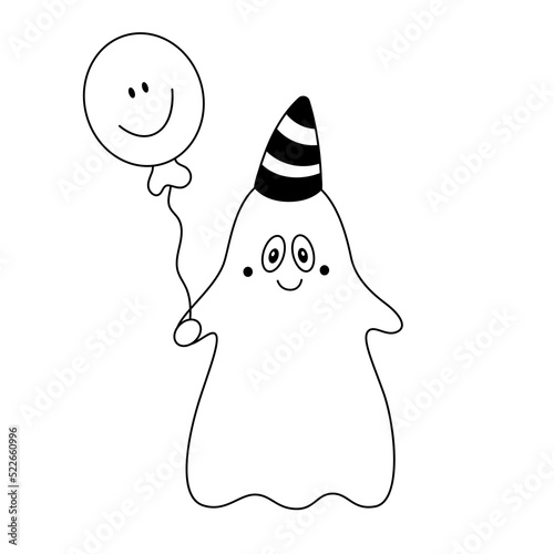 Doodle happy smiling cartoon ghost with balloon and festive cap on head.Kid halloween design element.Outline.Isolated on white background.