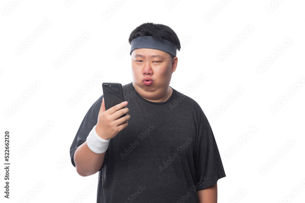 Young Asian fat sport man using smartphone, Png file. Young Asian fat sport man using smartphone, Png file.