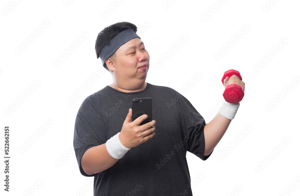 Naklejka premium Young Asian fat sport man using smartphone, Png file.