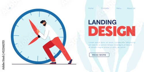 Businessman pushing hands of clock backward. Pressure of deadline and business tasks for late tiny man flat vector illustration. Time management concept for banner, website design or landing web page