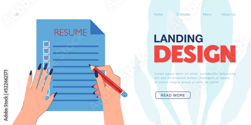Hands of woman writing resume paper checklist with pencil. Process of job search for girl flat vector illustration. Employment, document, HR concept for banner, website design or landing web page