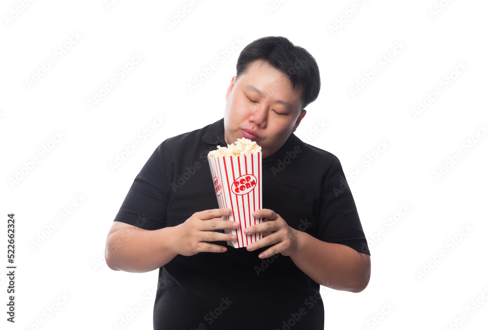 Young Funny Fat Asian man with popcorn, Png file. Young Funny Fat Asian man with popcorn, Png file.