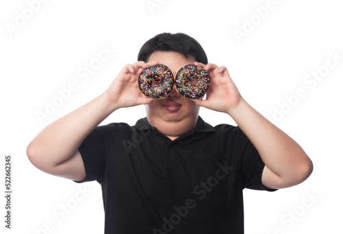 Young Funny Fat Asian man with donuts, Png file. photo