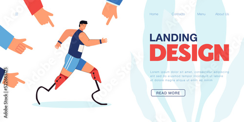 Hands of people pointing to athlete with prosthetic legs. Man with prosthesis jogging flat vector illustration. Disability, support of society concept for banner, website design or landing web page