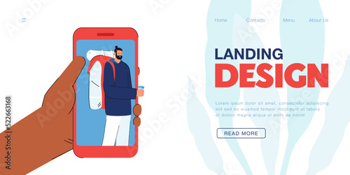 Hand holding phone with tourist on screen. Male blogger streaming trip in social media flat vector illustration. Live video content, travel blog concept for banner, website design or landing web page