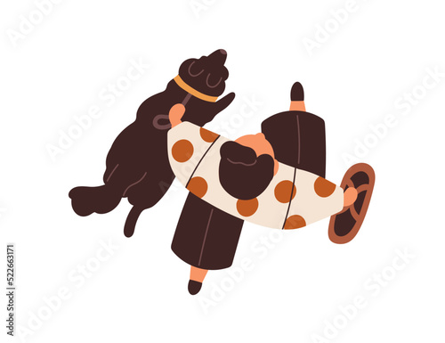 Person walking with dog on leash, top view. Pet owner strolling, leading big doggy overhead, from above. Character and canine animal go outdoor. Flat vector illustration isolated on white background