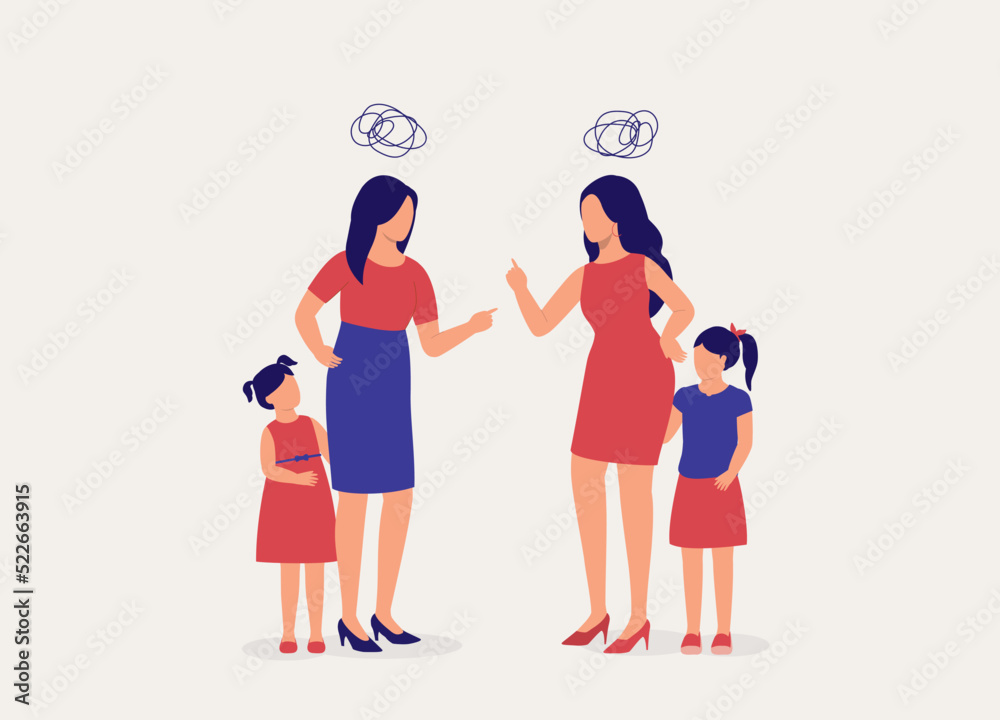 Two Overprotective Mothers Fighting In Front Of Their Daughters. Full Length. Flat Design Style, Character, Cartoon. Two Overprotective Mothers Fighting In Front Of Their Daughters. Full Length. Flat Design Style, Character, Cartoon.