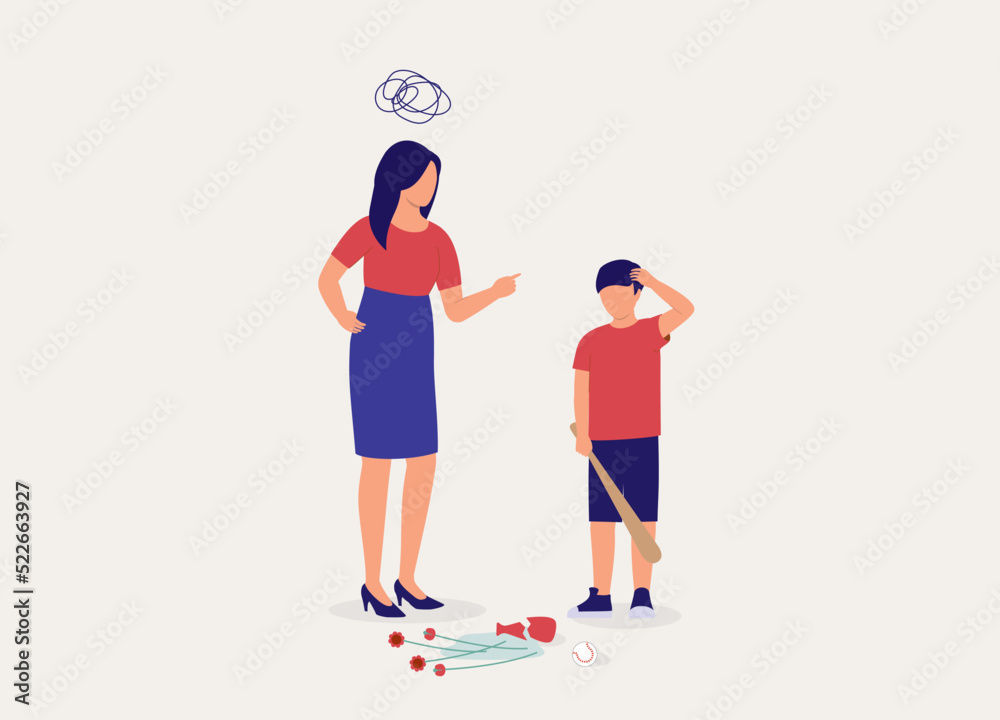 Angry Mother Scolding Her Naughty Son. Boy Broke His Mother Flower Vase While Playing With His Baseball. Full Length. Flat Design Style, Character, Cartoon.