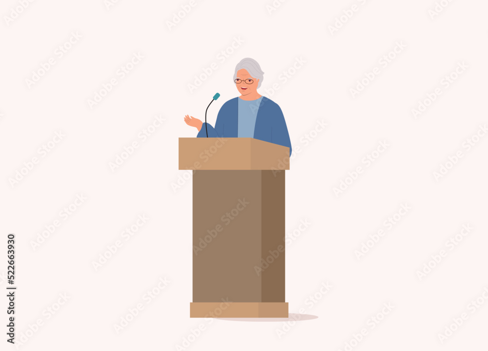 One Smiling Senior Businesswoman Standing At A Podium Giving Speech. Full Length. Flat Design Style, Character, Cartoon.