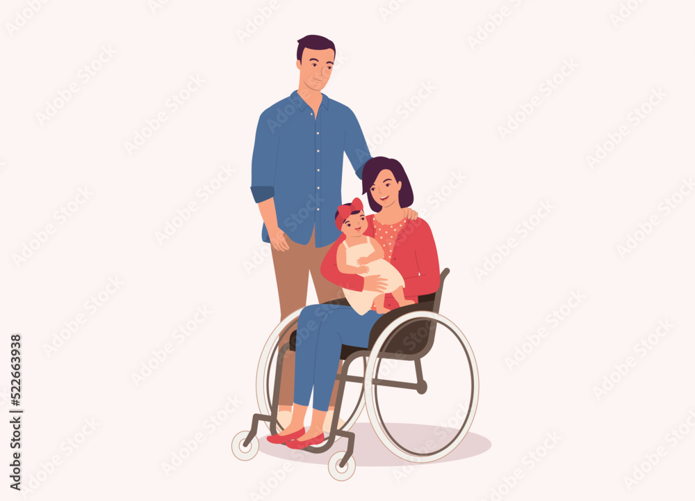 Husband And Disabled Wife In Wheelchair Carrying Her Baby Girl. Full Length. Flat Design, Character, Cartoon. Husband And Disabled Wife In Wheelchair Carrying Her Baby Girl. Full Length. Flat Design, Character, Cartoon.