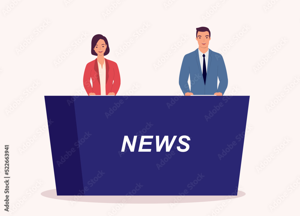 Smiling Male And Female News Anchor Sitting At Studio Desk Presenting News. Full Length. Flat Design Style, Character, Cartoon.