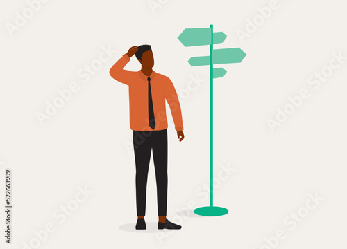 One Young Black Man In Businesswear Scratching Head And Standing Beside Road Sign Undecided Which Direction To Choose. Full Length. Flat Design Style, Character, Cartoon.
