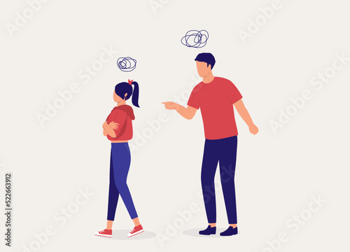 Angry Father Scolding His Teenage Daughter. Rebellious Teenage Girl With Arms Crossed Walking Away And Feeling Annoyed. Full Length. Flat Design Style, Character, Cartoon.