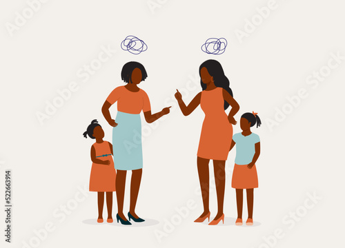 Two Overprotective Black Mothers Fighting In Front Of Their Daughters. Full Length. Flat Design Style, Character, Cartoon.