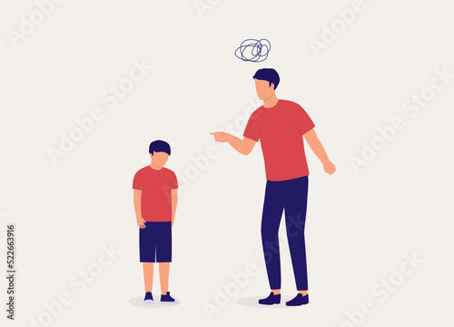 Angry Father Disciplining His Son. Boy Feeling Sorry And Guilty. Full Length. Flat Design Style, Character, Cartoon.