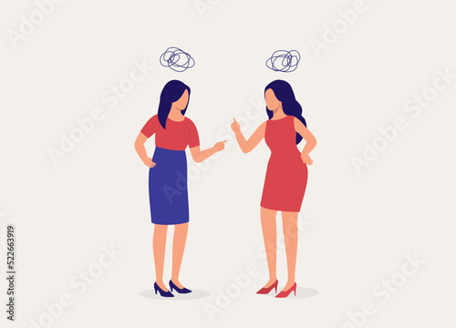 Two Angry Woman Fighting With Finger Pointing At Each Other. Full Length. Flat Design Style, Character, Cartoon.