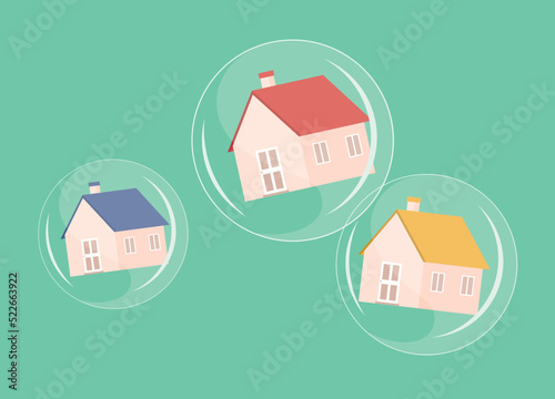 Concept Of Housing Bubble. Group Of Houses Inside Bubbles Floating.