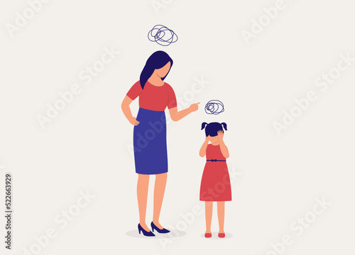 Angry Mother Scolding Her Young Daughter. Rebellious Little Girl Do Not Want To Listen To Her Mother. Full Length. Flat Design Style, Character, Cartoon.
