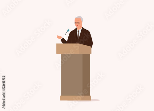 One Smiling Senior Businessman Standing At A Podium Giving Speech. Full Length. Flat Design Style, Character, Cartoon.