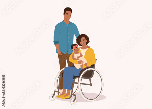 Black Husband And Disabled Wife In Wheelchair Carrying Her Baby Girl. Full Length. Flat Design, Character, Cartoon.
