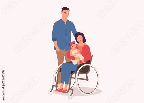 Husband And Disabled Wife In Wheelchair Carrying Her Baby Girl. Full Length. Flat Design, Character, Cartoon.