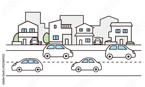住宅街と車のイラスト素材。