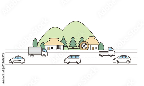 田舎の景色と車のイラスト素材。