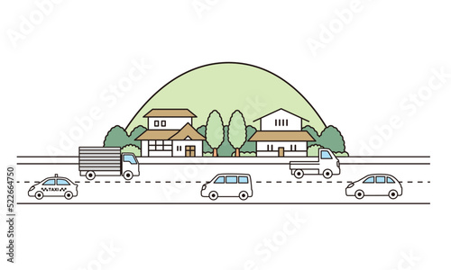 田舎の景色と車のイラスト素材。
