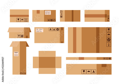 Parcel box set with packaging labels isolated on white background.