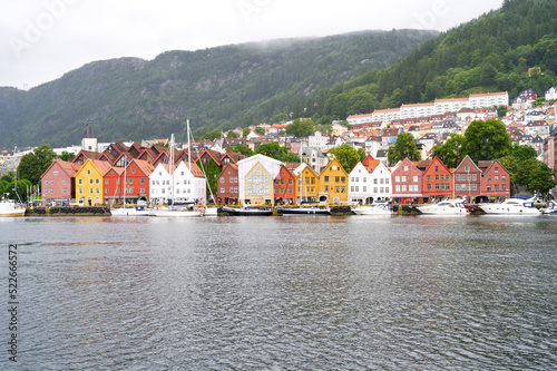 Bergen (Vestland) in Norway extra wide panorama of old part Bryggen port Europe