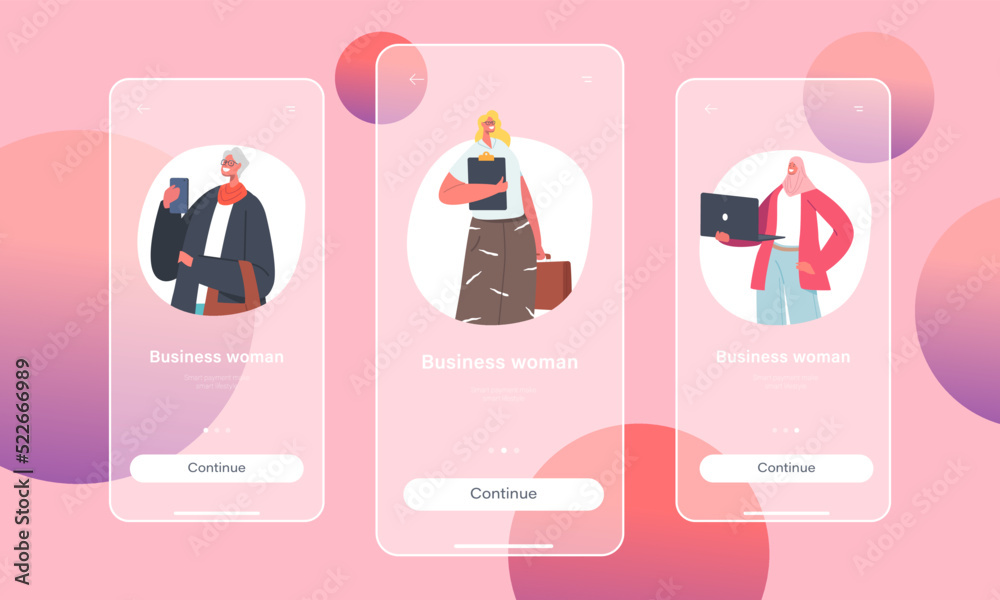 Business Women Mobile App Page Onboard Screen Template. Diverse Confident Female Characters Caucasian or Arab Ethnicity