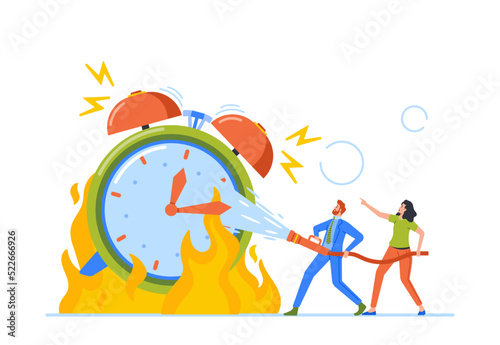 Office Man and Woman Extinguish Huge Burning Clock with Water Hose. Time is Over Concept with Male Female Characters