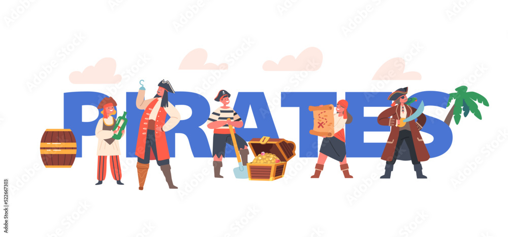 Fototapeta premium Children Pirates Concept. Funny Kids in Traditional Costumes, Captain with Parrot, Picaroon Character with Treasure Map