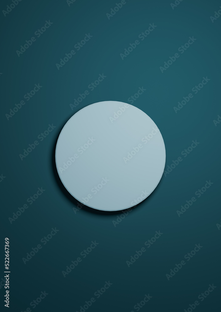 Dark teal, aqua blue 3d Illustration simple minimal product display background top view flat lay with one cylinder, circle podium or stand from above
