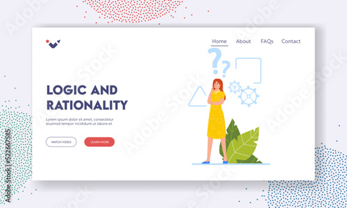 Logic and Rationality Landing Page Template. Female Character with Critical Thinking, Woman with Geometrical Shapes