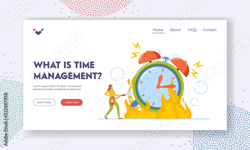 Time Management, Deadline Landing Page Template. Tiny Female Character Trying Extinguish Huge Burning Alarm Clock