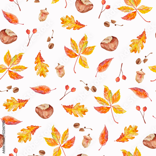 Autumn forest seamless pattern with chestnuts, acorns, berries and leaves watercolor hand drawn 