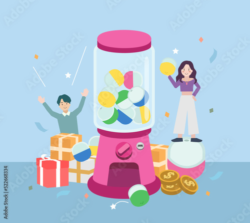 Lucky people winning prize draw near Gashapon machine, capsule vending machine. Happy winners with gift boxes, balls and jackpot on giant raffle drum. Lottery, prize, luck, marketing concept