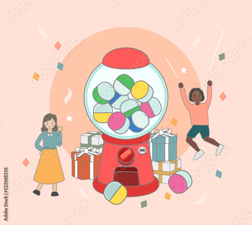 Lucky people winning prize draw near Gashapon machine, capsule vending machine. Happy winners with gift boxes, balls and jackpot on giant raffle drum. Lottery, prize, luck, marketing concept