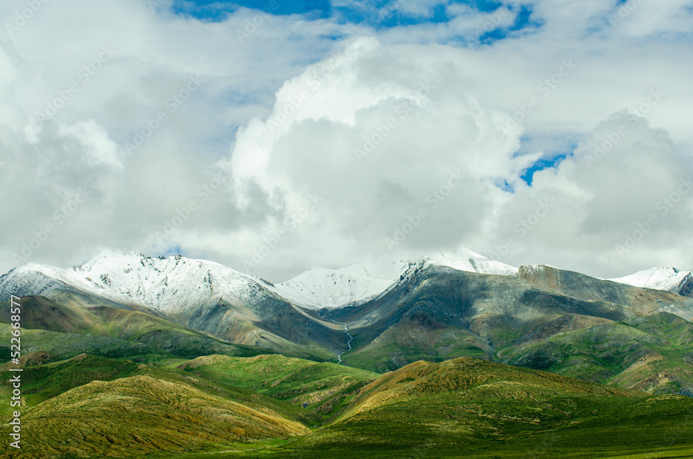 landscape with clouds and snowy mountain, Tibet, himalayas