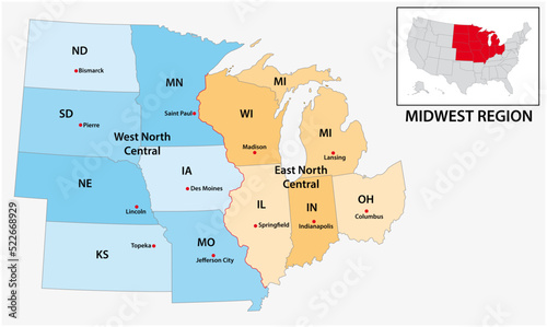 Administrative vector map of the US Census Region Midwest