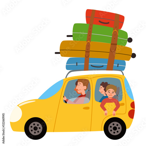 The family is going to rest by car. A car with a bunch of suitcases on the roof. Vector illustration in a flat style on the theme of travel.