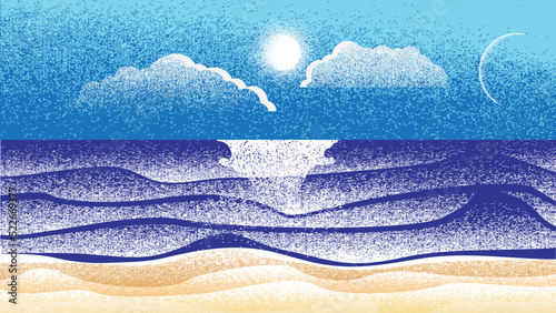 Ocean, mountains, sun, waves and sandy beach. Summer landscape  . Vector Illustration. 
