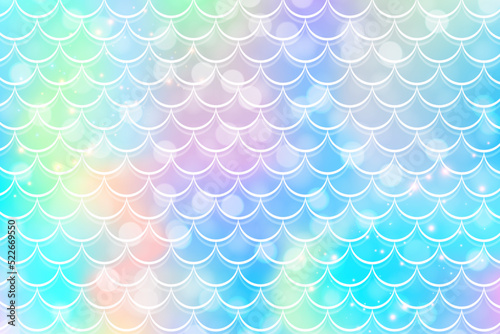 Mermaid rainbow background with scale and stars. Iridescent glitter fish tail pattern. Kawaii vector texture.