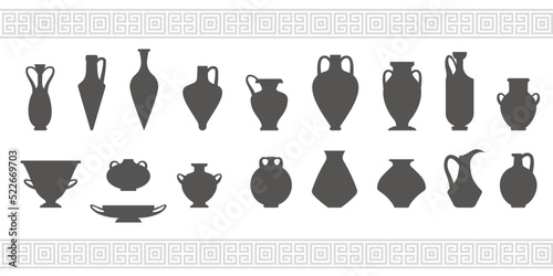 Greek vases silhouettes. Ancient amphoras and pots glyph illustration. Clay ceramic earthenware. Vector.