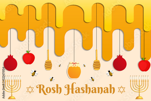 rosh hashanah background illustration in paper cut art style